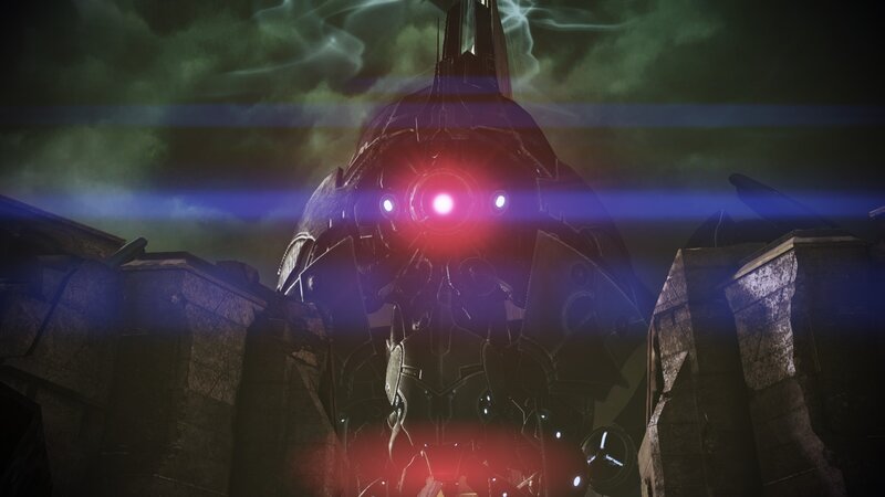 mech with red eyes in dark sky