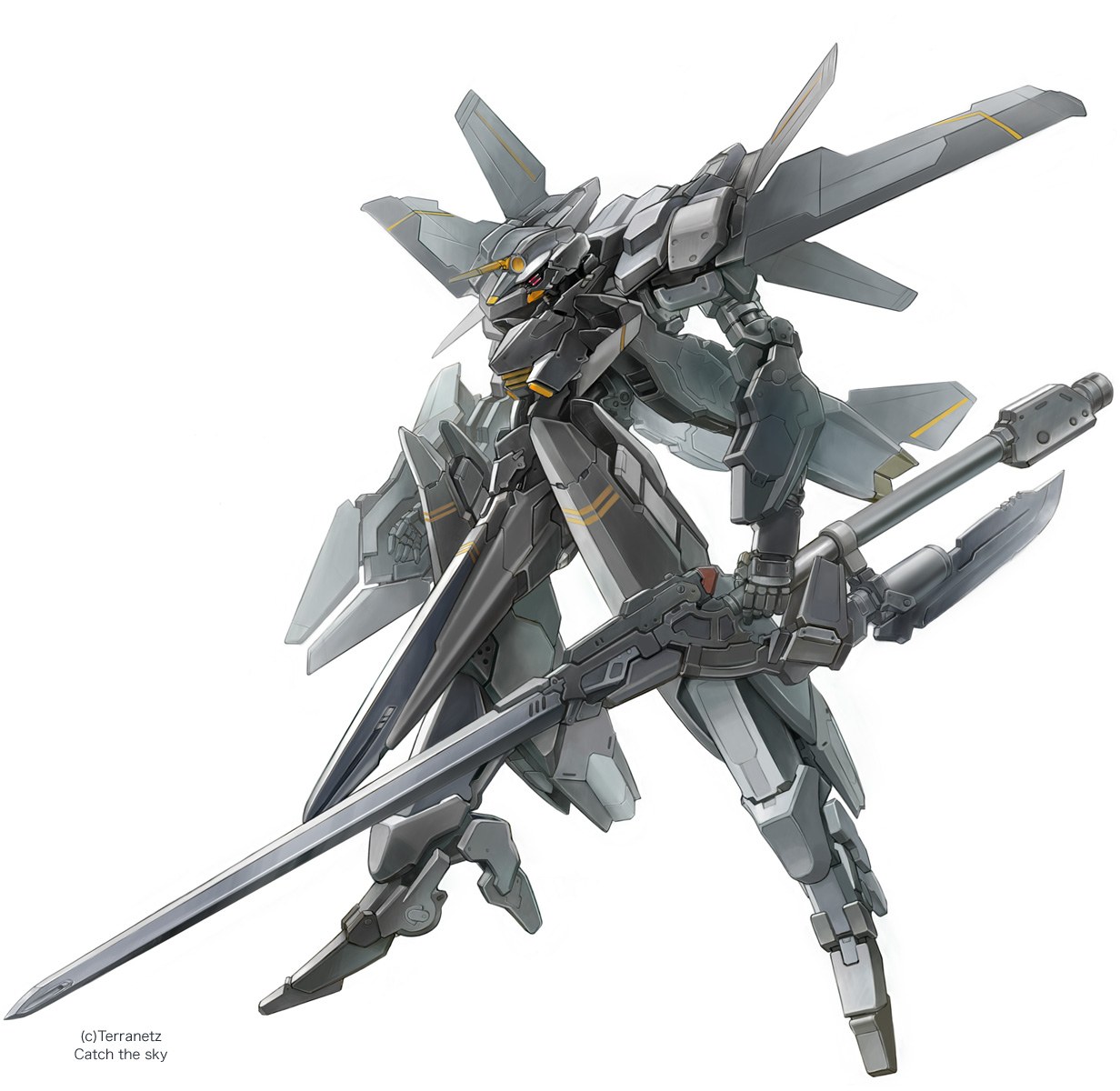 mech with sword and rifle