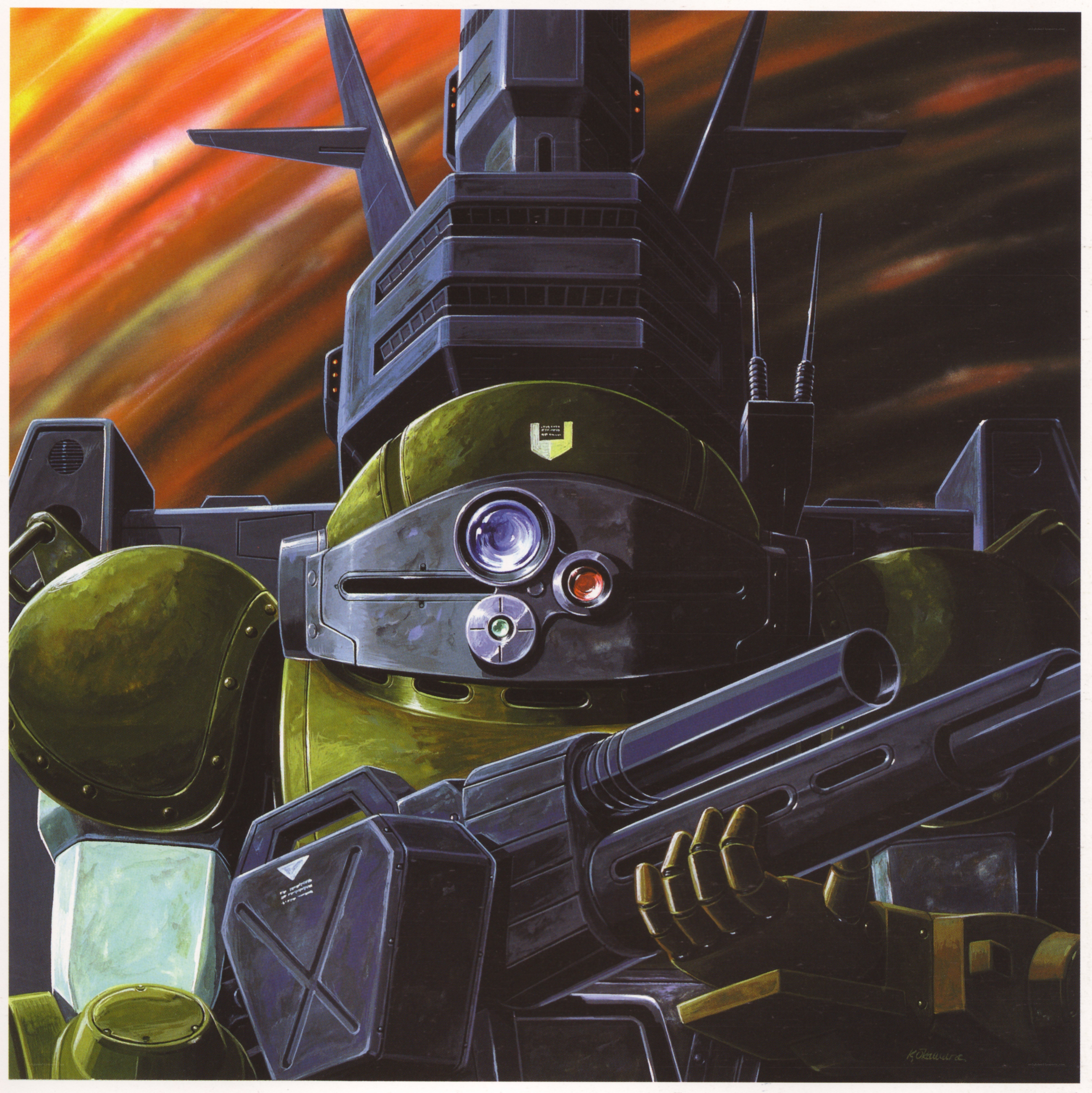 mech with weapon in sunset