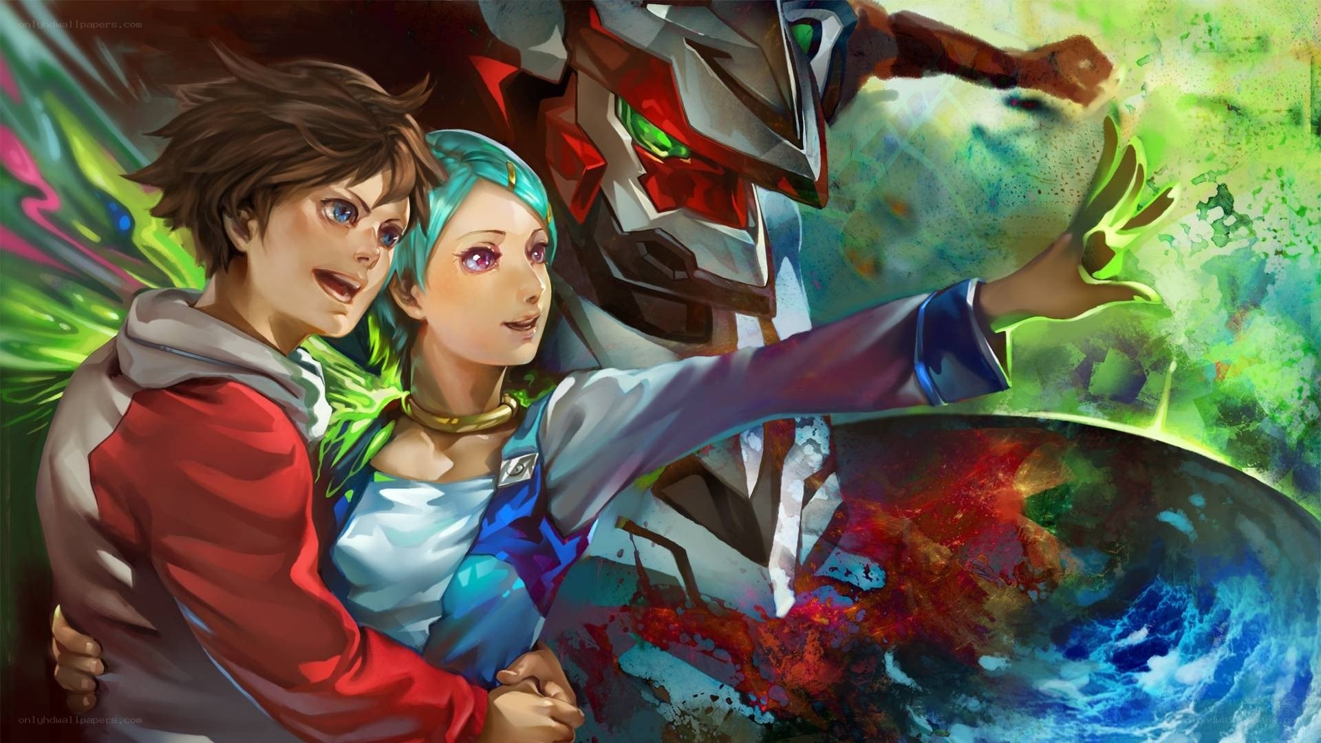mecha and two characters