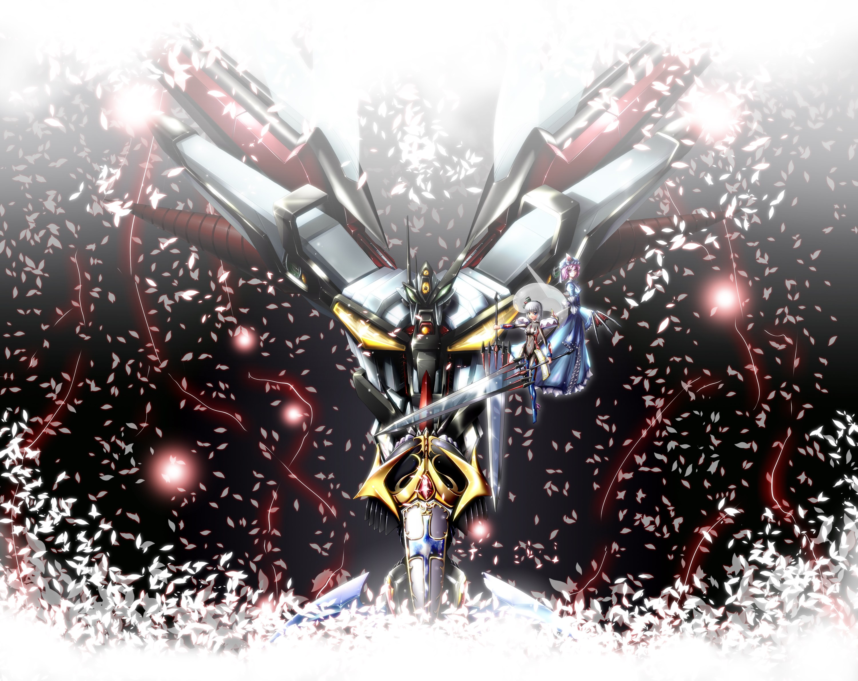 mecha and two girls in cherry blossoms