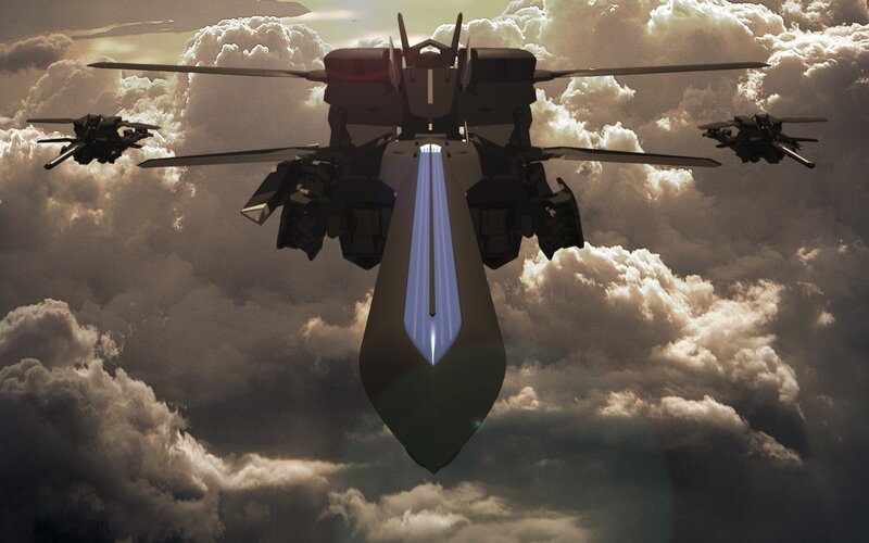 mecha fighters in cloudy sky