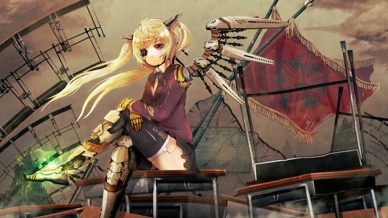 mecha girl in ruined classroom