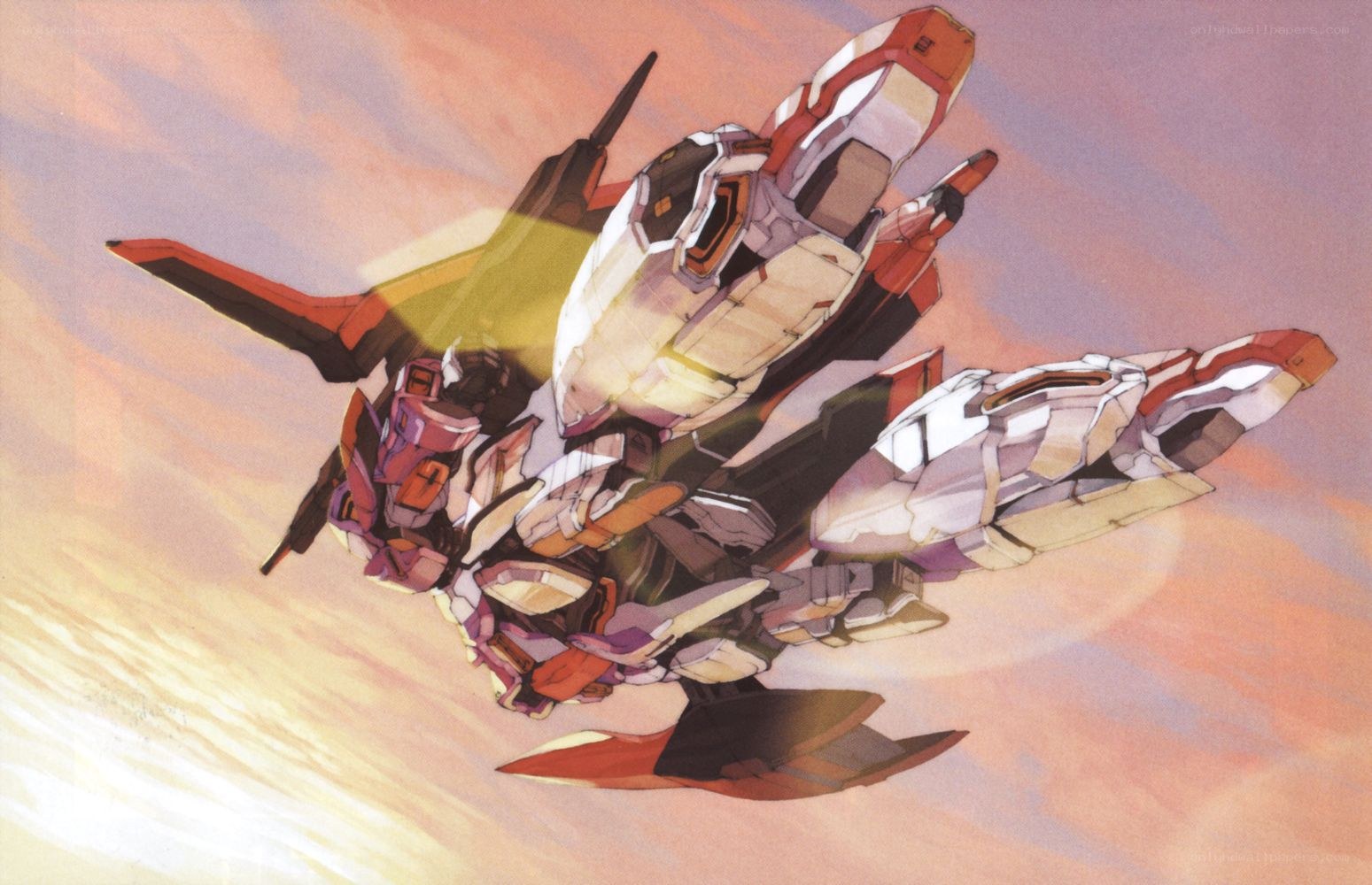 mecha in flight at sunset