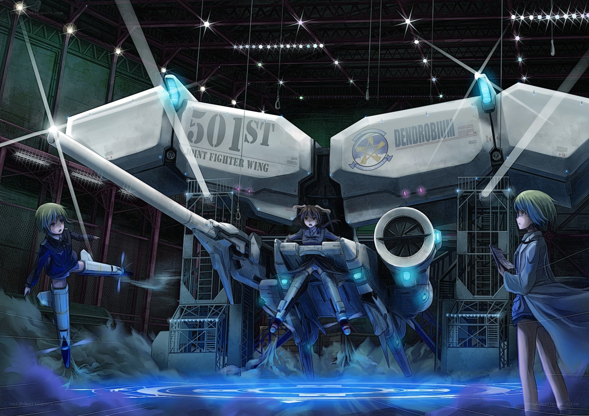 mecha in hangar with pilots