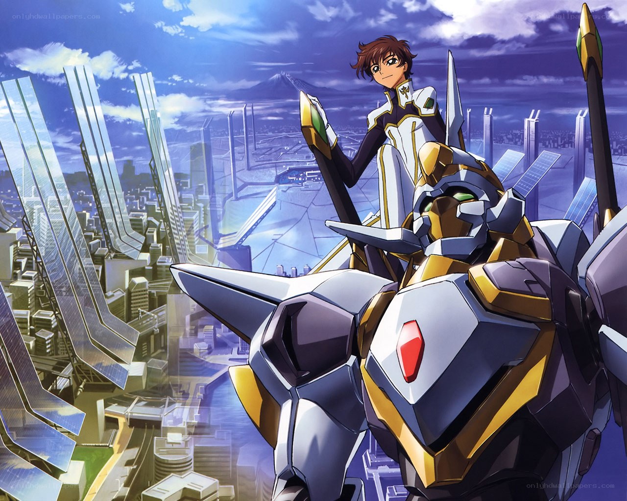 mecha pilot over city