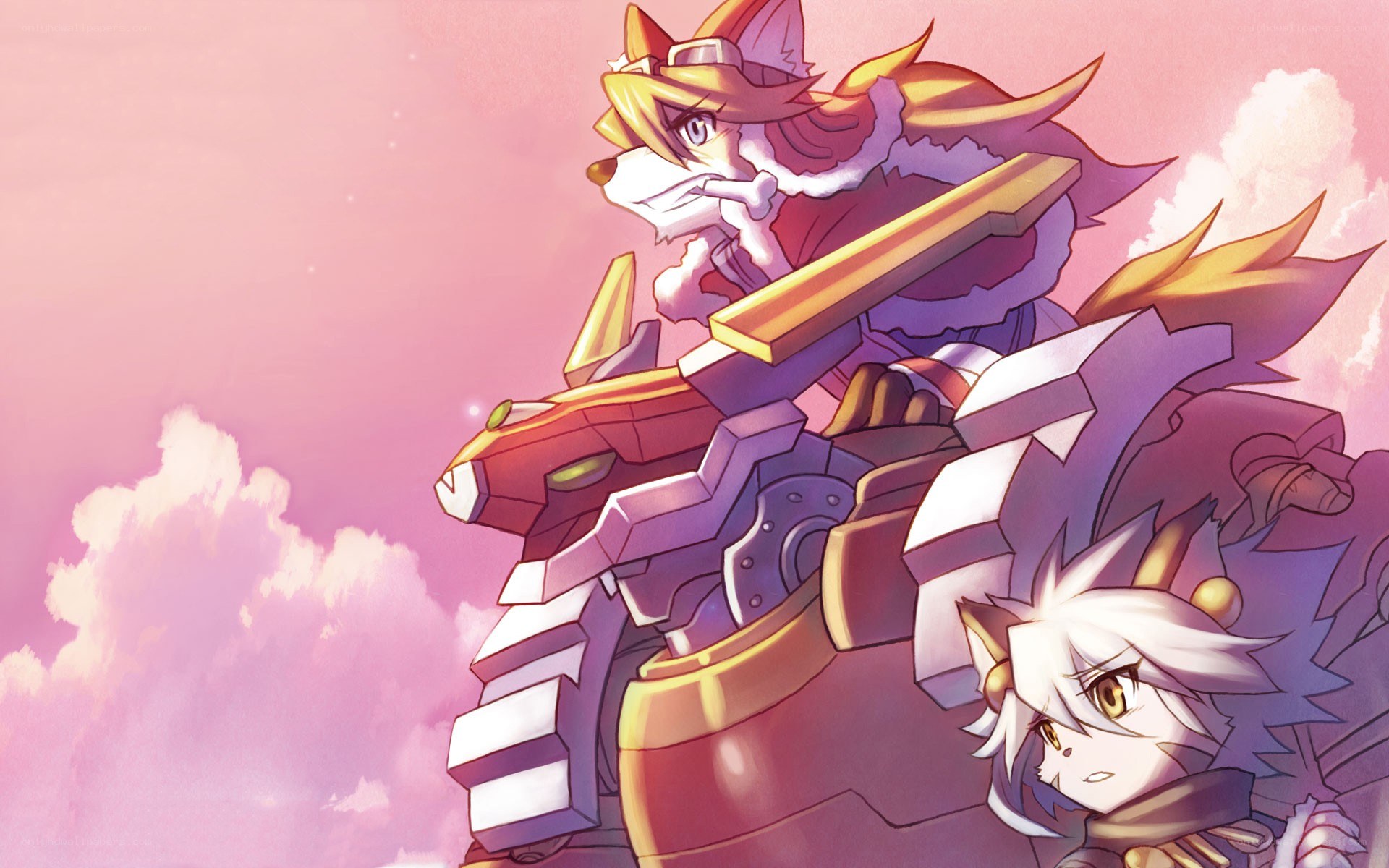 mecha pilots in pink sky