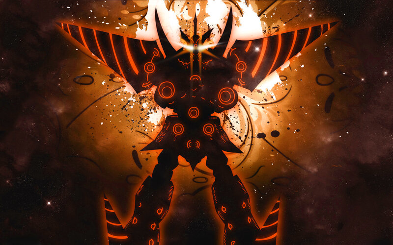 mecha silhouette in cosmic light