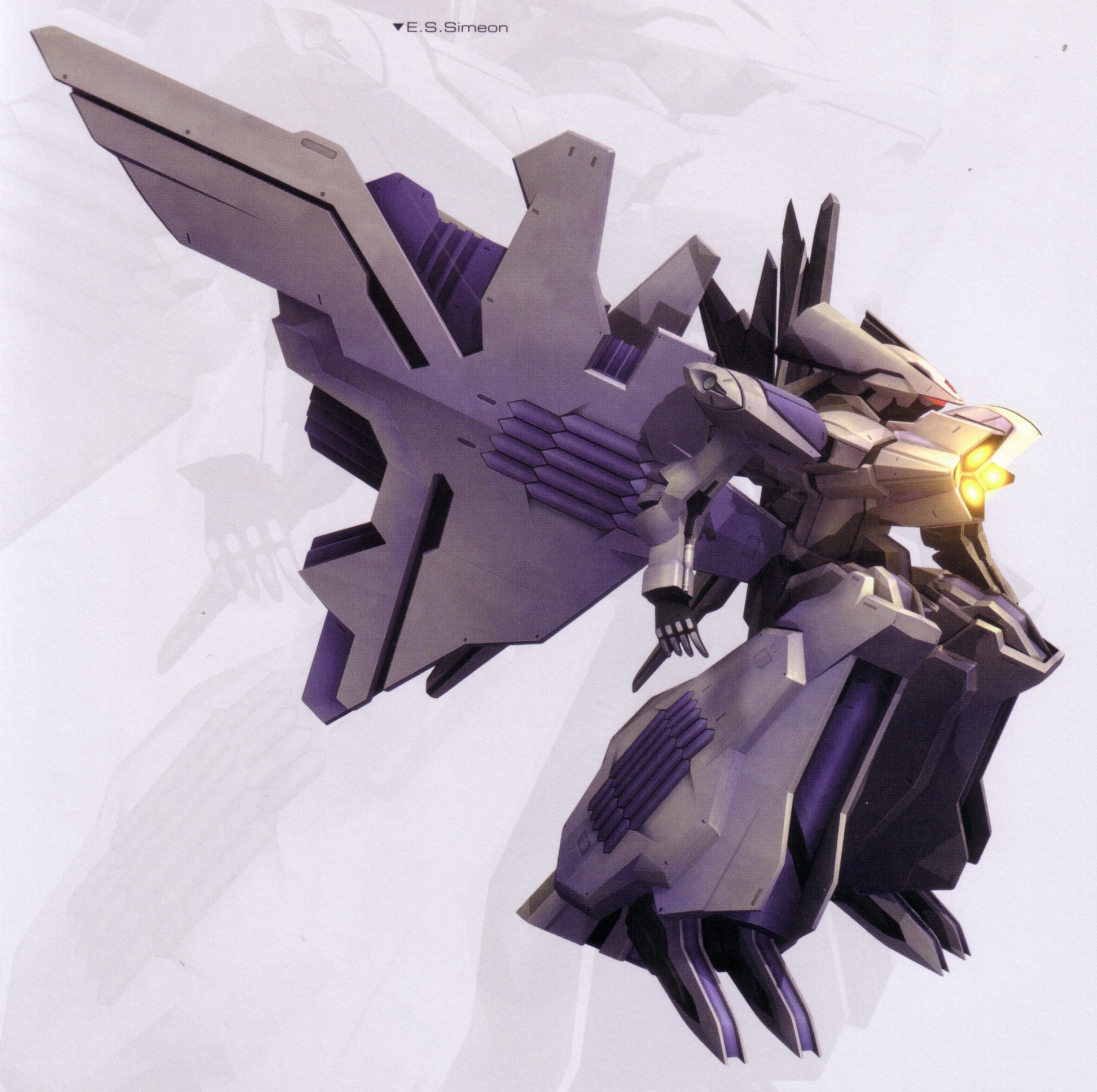 mecha with purple and gray armor