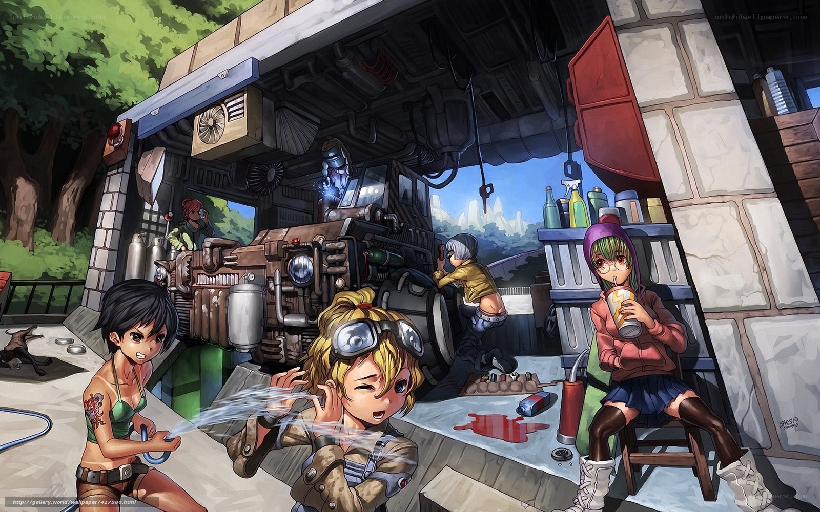 Mechanic workshop with anime girls