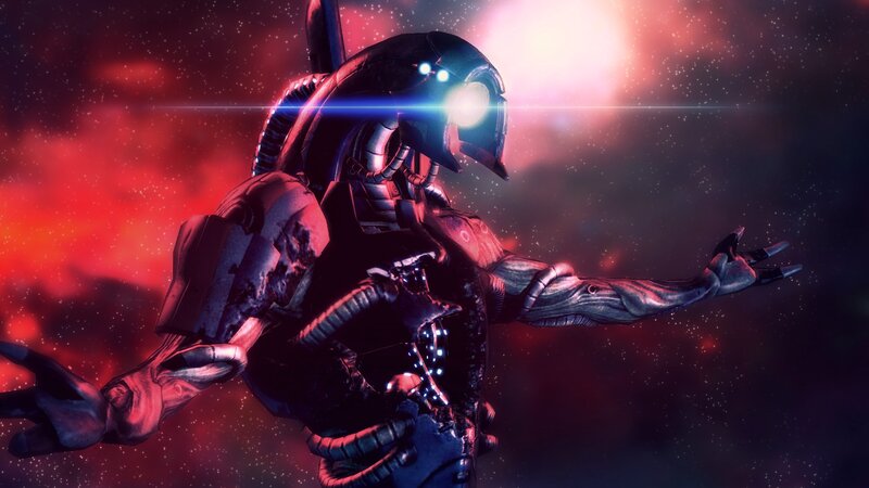 Mechanical Alien Figure — Red, Dramatic