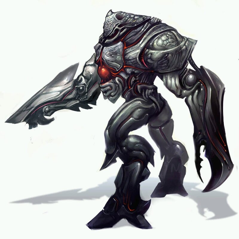 Mechanical Alien Warrior — Gray, Dramatic, Digital Art