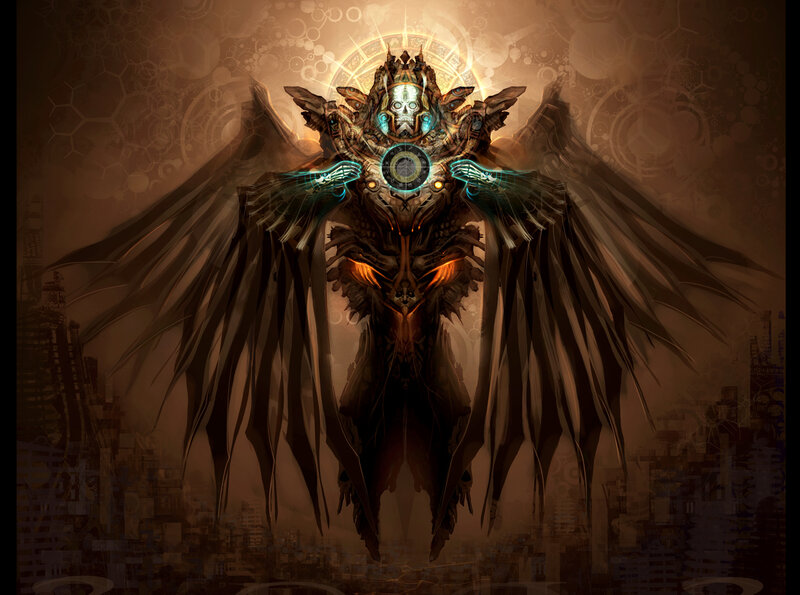 Mechanical Angel Figure — Brown, Dramatic, Digital Art