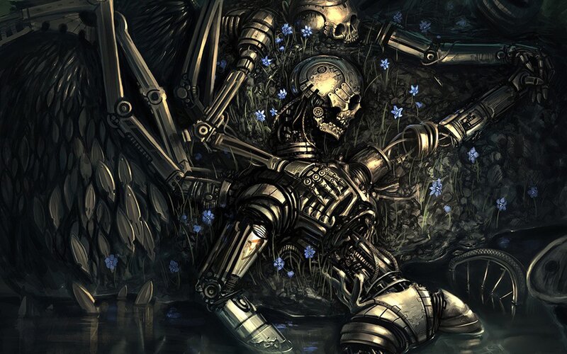 Mechanical angel in overgrown ruins