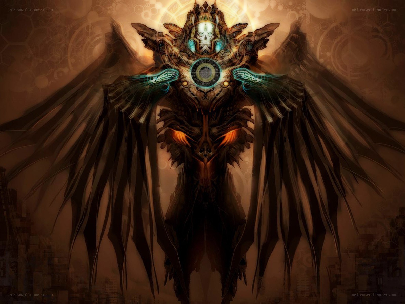 mechanical angel with glowing core