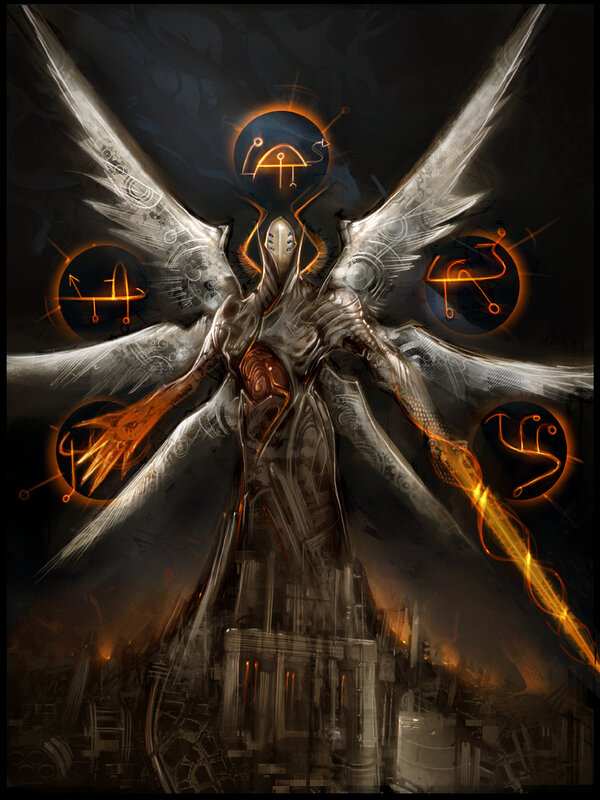 Mechanical angel with glowing symbols