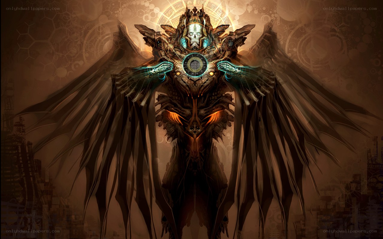 mechanical angel with glowing wings