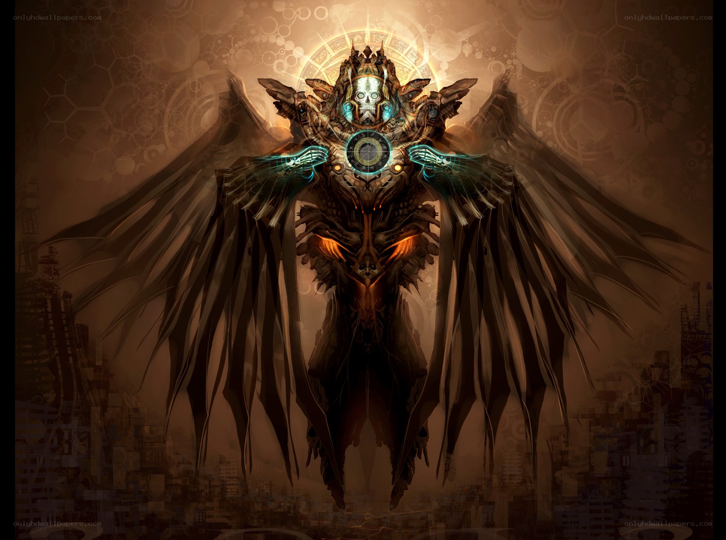 mechanical angel with glowing wings
