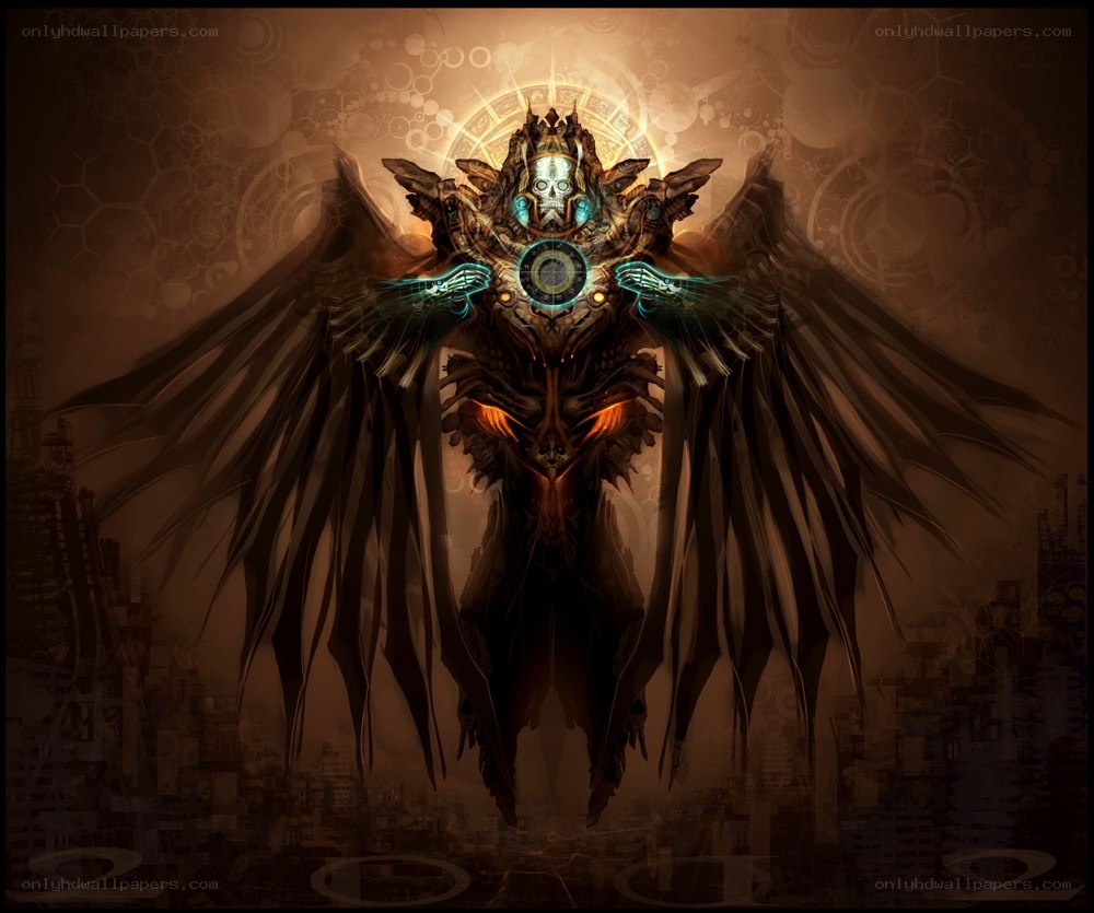mechanical angel with glowing wings