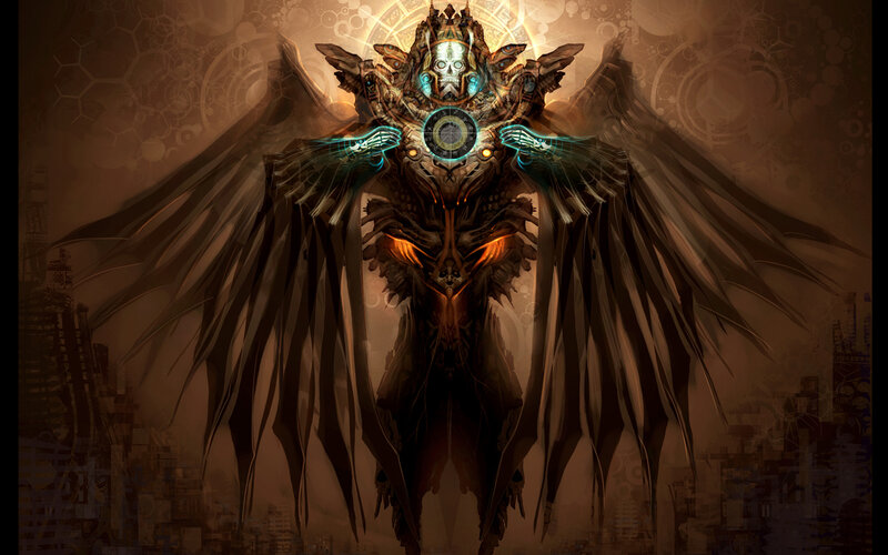 mechanical angel with glowing wings