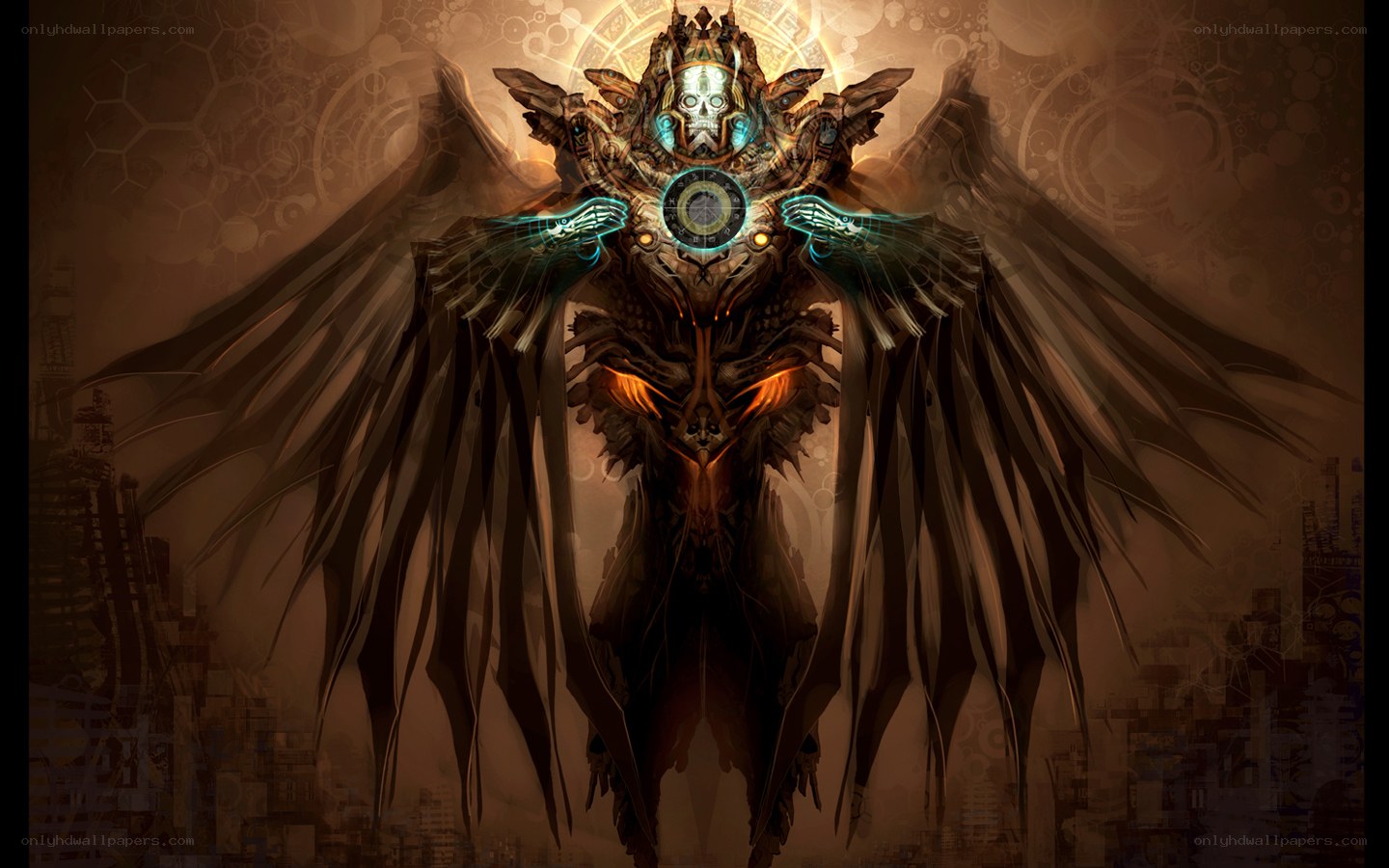 mechanical angel with glowing wings