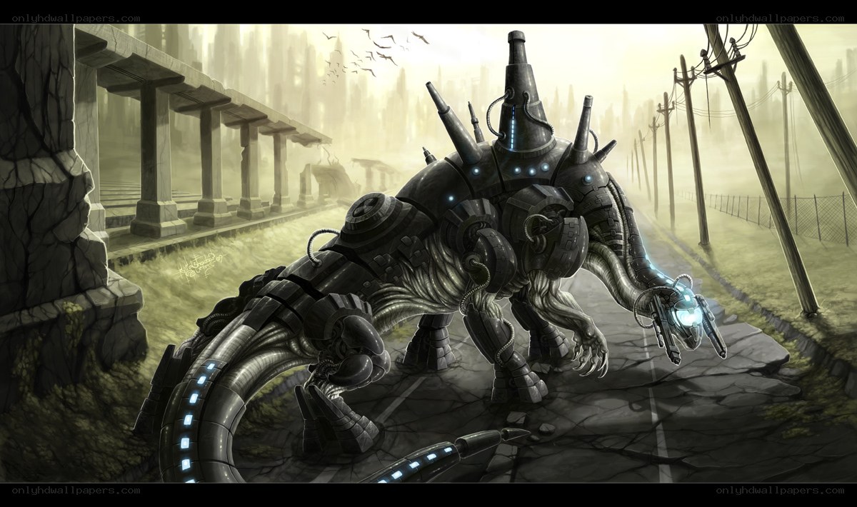 mechanical beast in ruined city