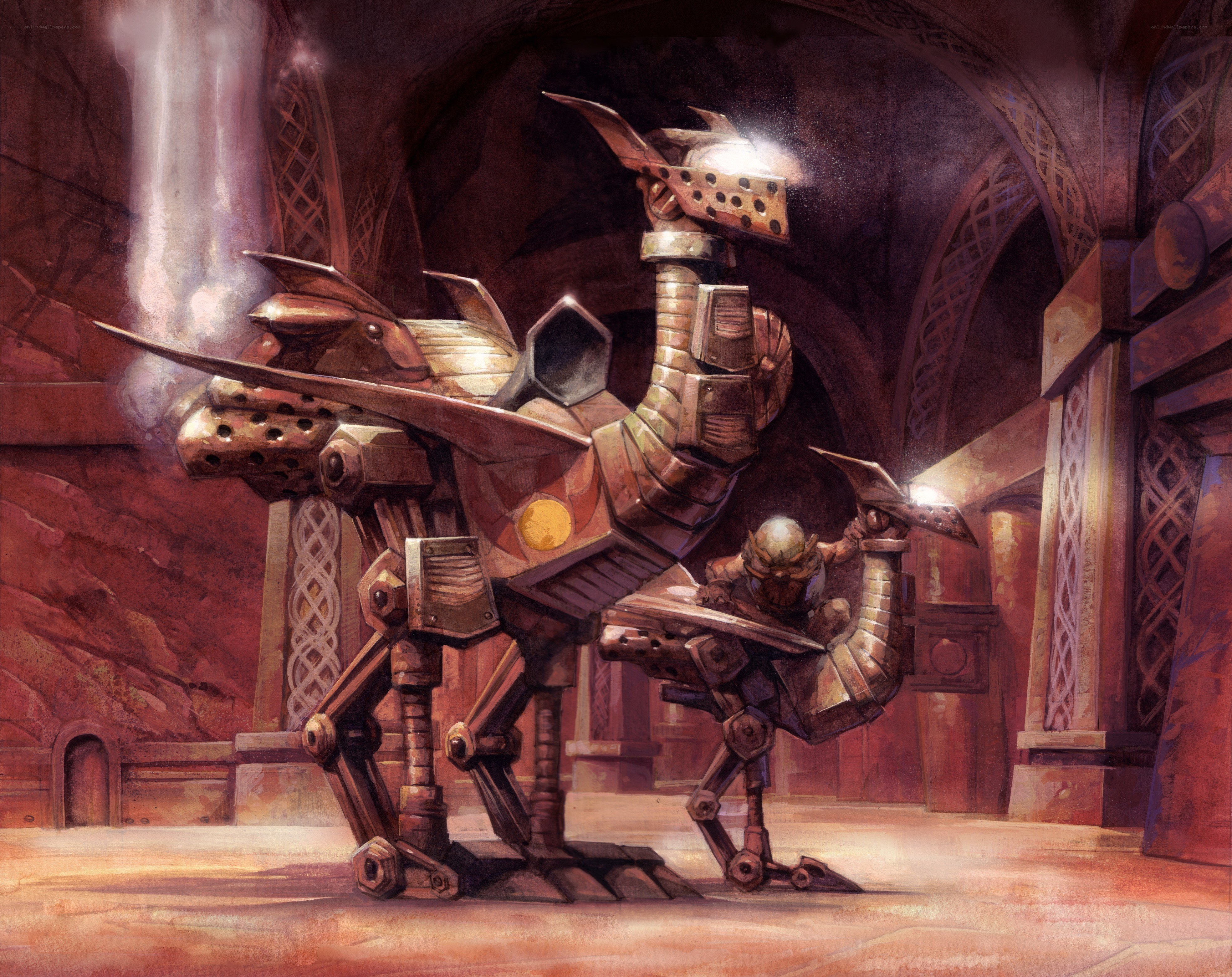 Mechanical bird in a stone hall