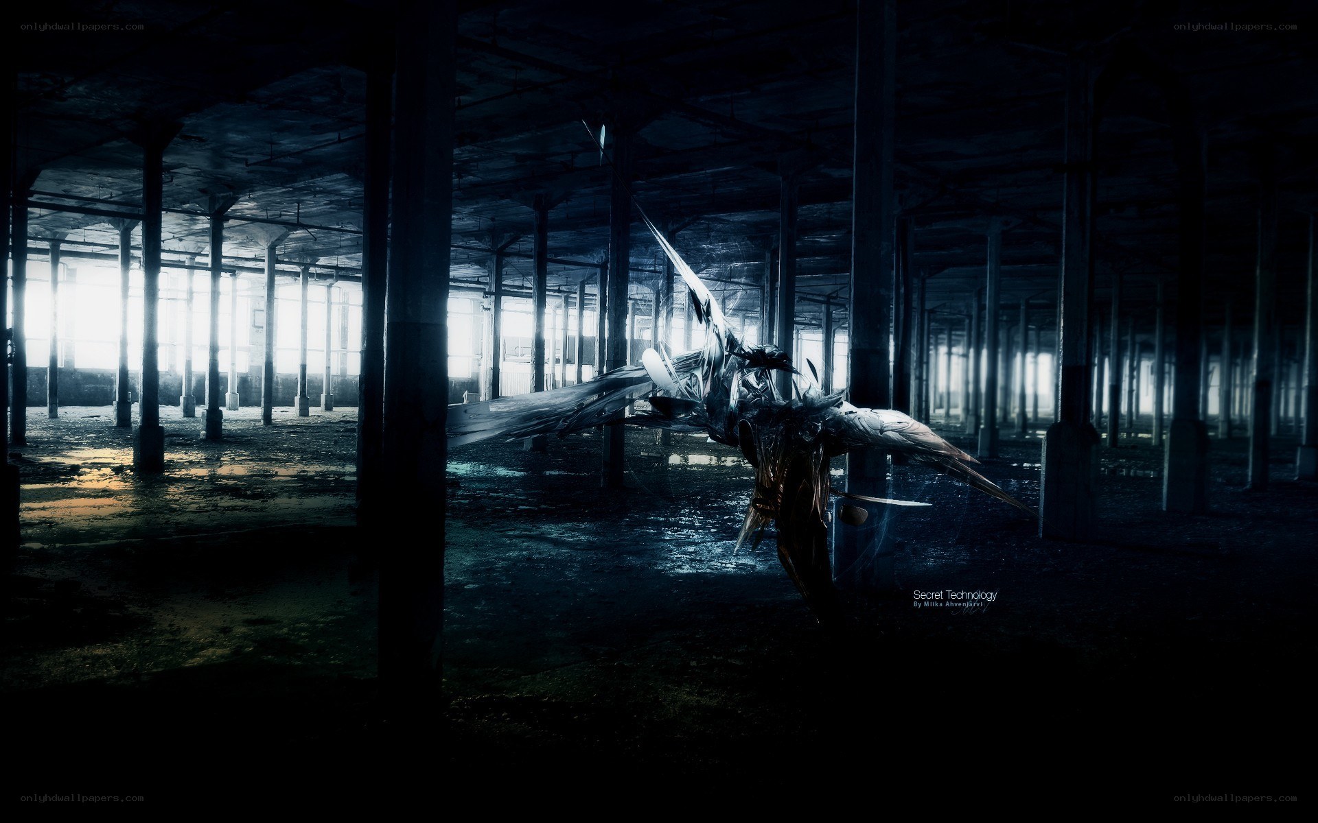Mechanical bird in abandoned warehouse