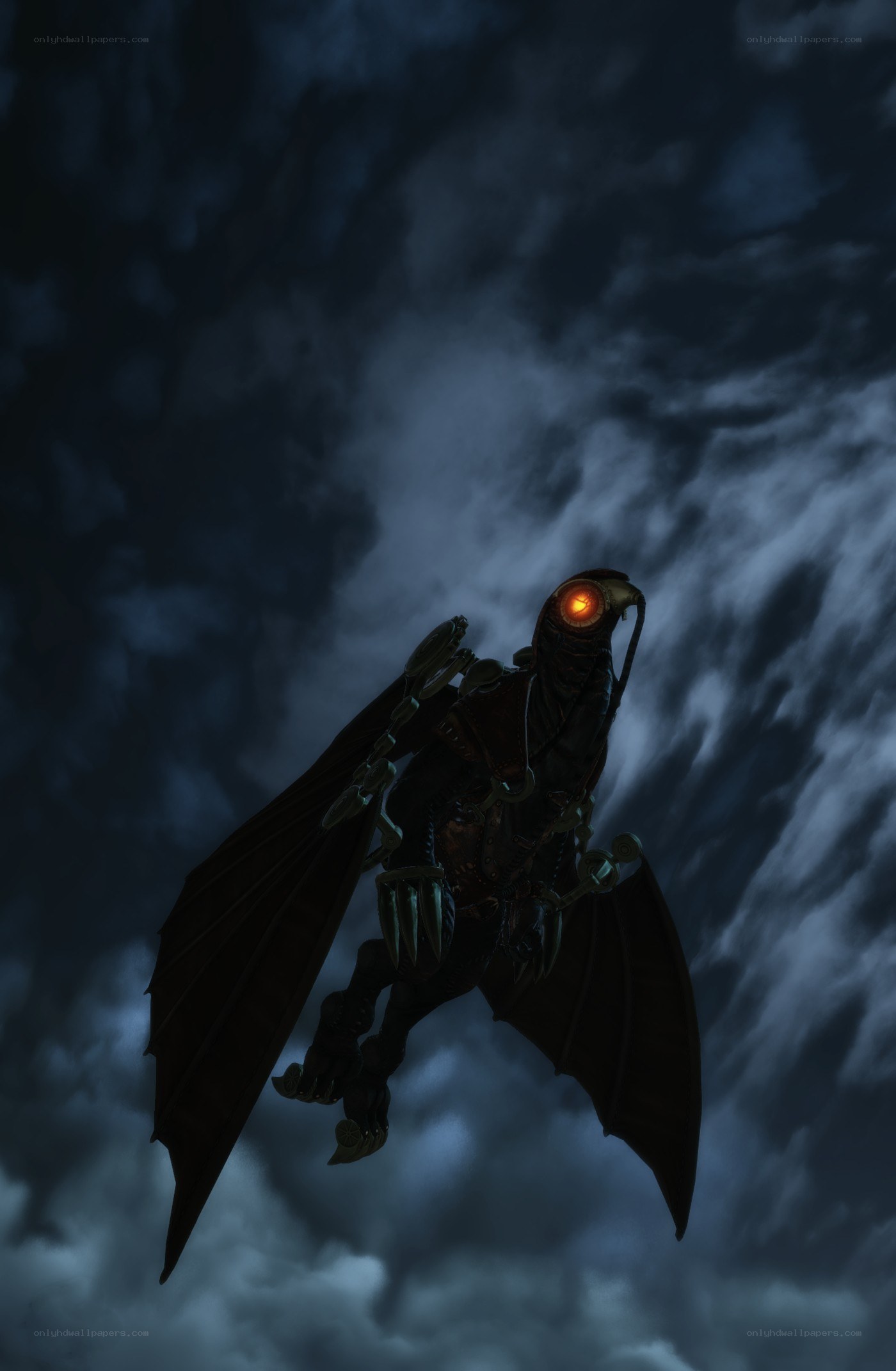 Mechanical bird in stormy sky