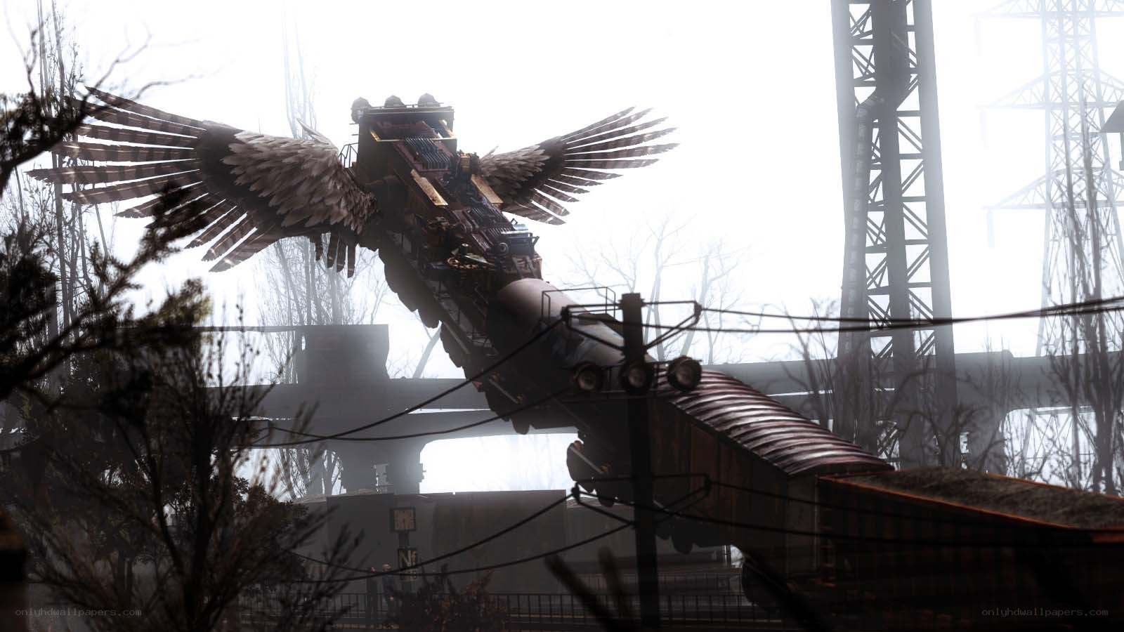 Mechanical bird over train tracks