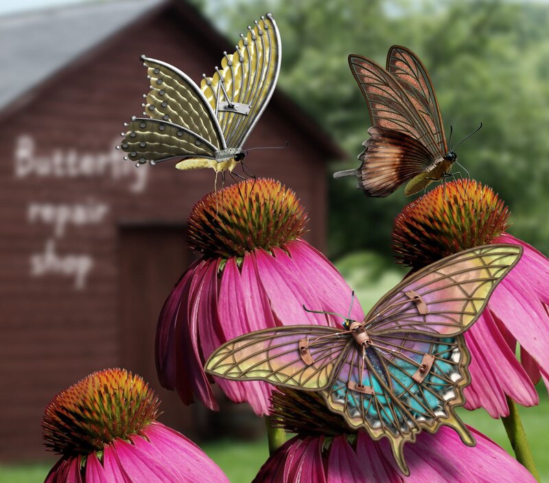 Mechanical Butterflies on Flowers