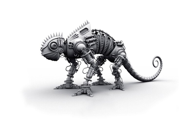 Mechanical Chameleon — Gray, Neutral, 3d Render, Robot, Spikes