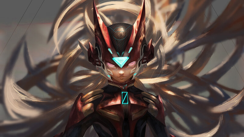 Mechanical Character with Long Hair — Red, Dramatic