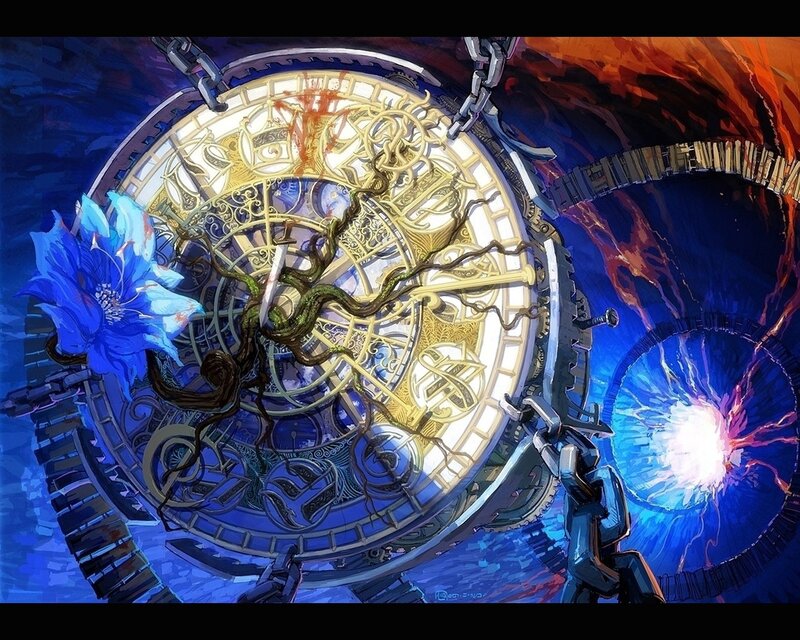Mechanical clock with blue flower