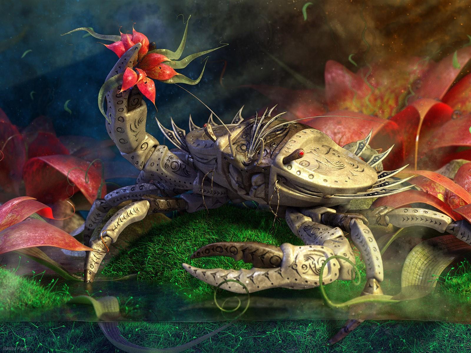 Mechanical crab with red flower