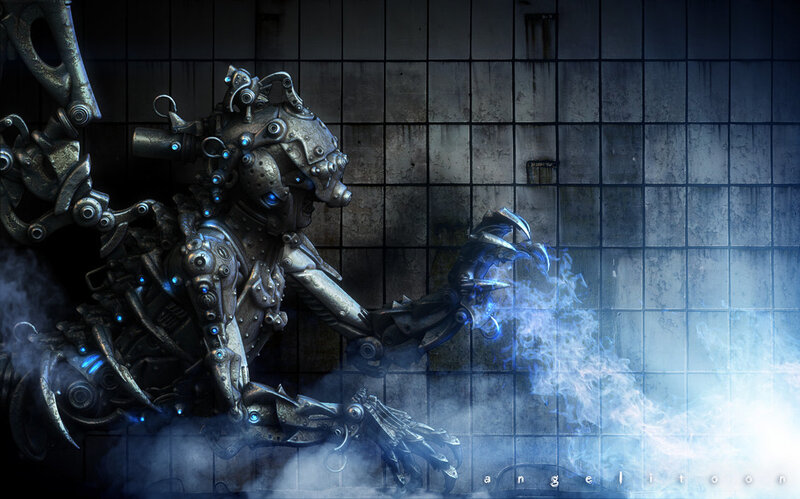 mechanical creature in a tiled room