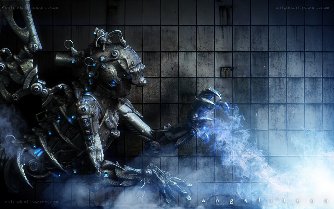 mechanical creature in a tiled room