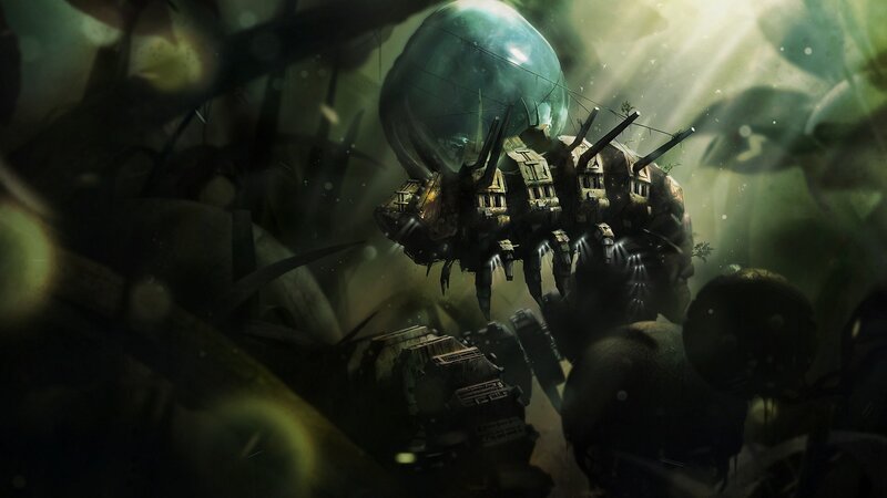 Mechanical creature in alien jungle
