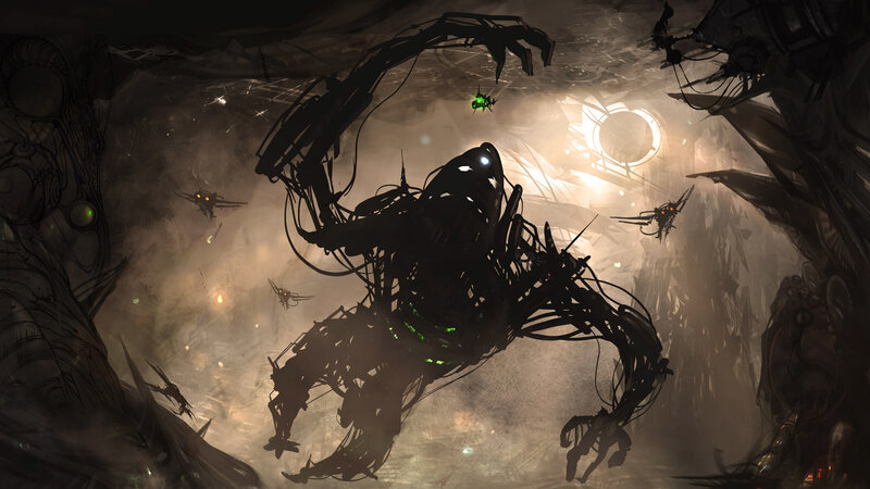 Mechanical creature in dark cavern
