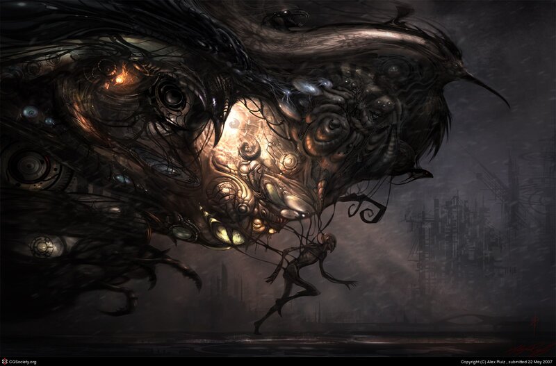 Mechanical creature in dark city