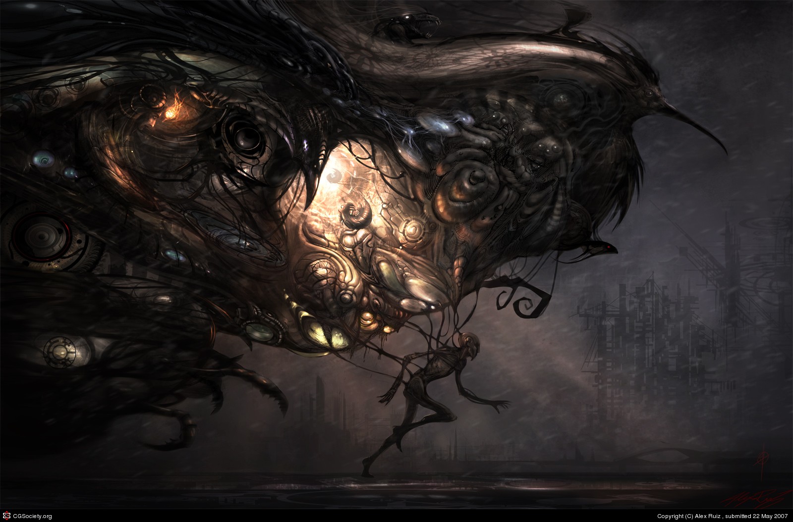 Mechanical creature in dark city
