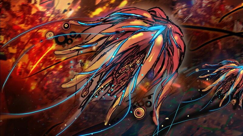 mechanical creature in fiery chaos