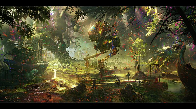 Mechanical Creature in Forest — Green