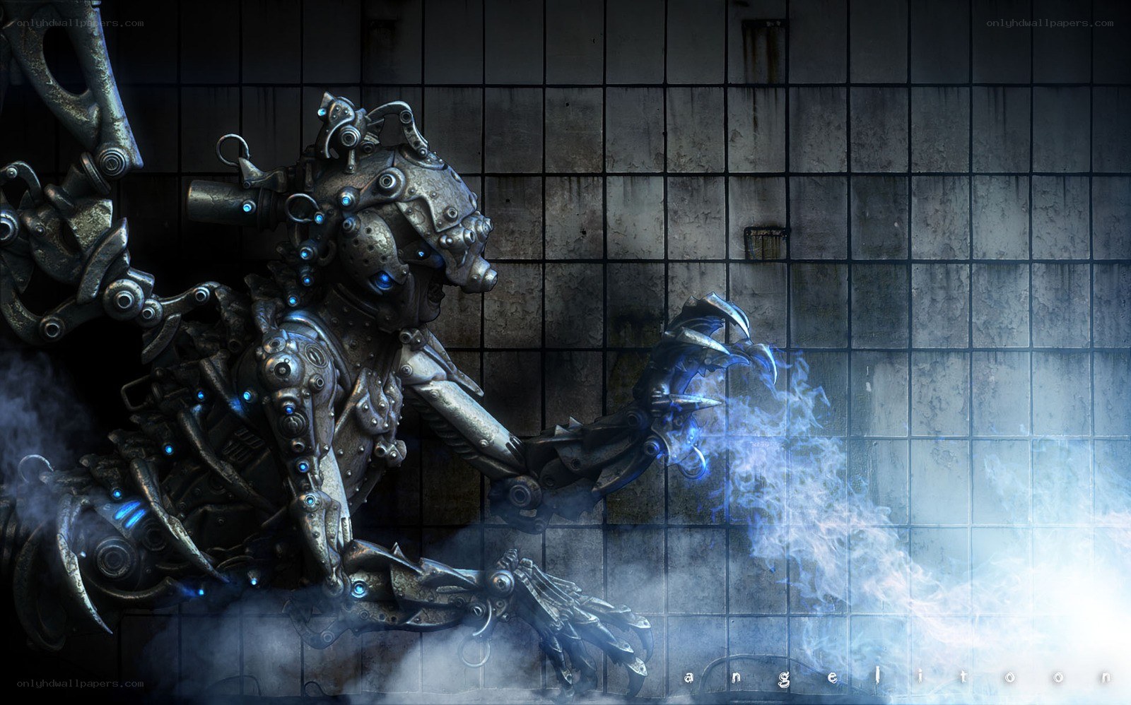 mechanical creature in tiled room