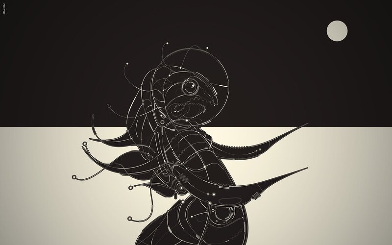 mechanical creature under moonlight