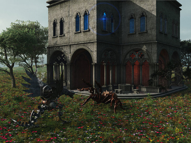Mechanical creatures in a flower field