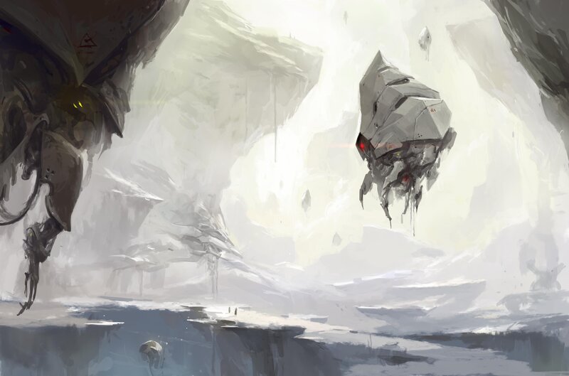 Mechanical creatures in a misty canyon