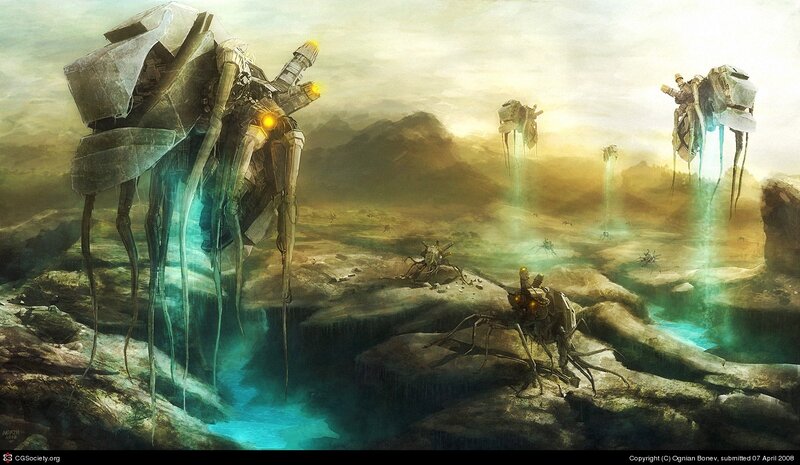 Mechanical creatures in alien landscape