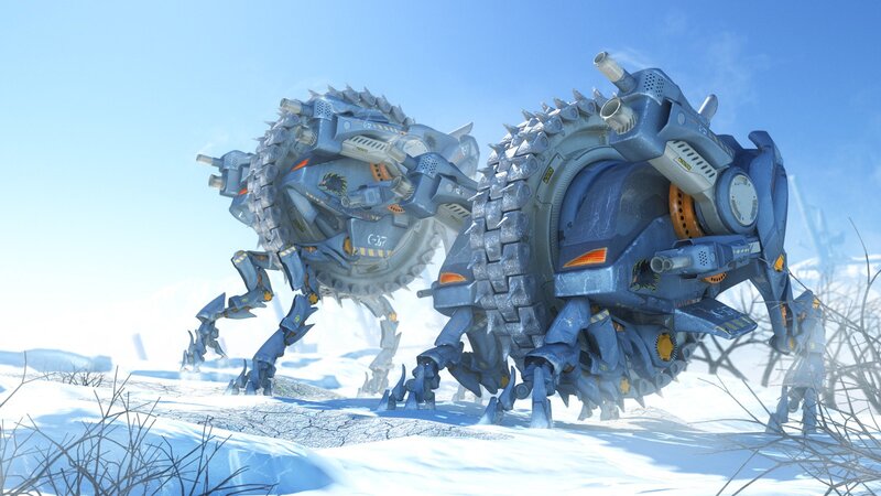 mechanical creatures in snowy landscape