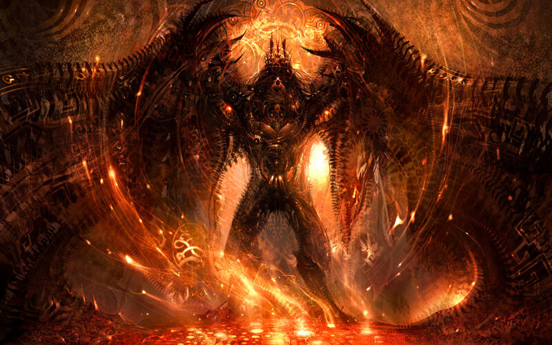 mechanical demon with glowing wings